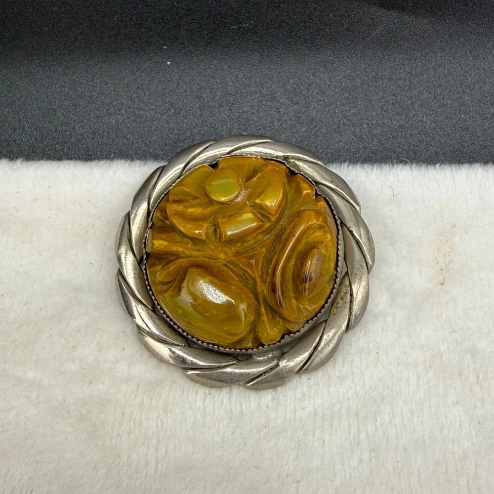 Vintage Bakelite Brooch Carved Green Silver Tone Flower